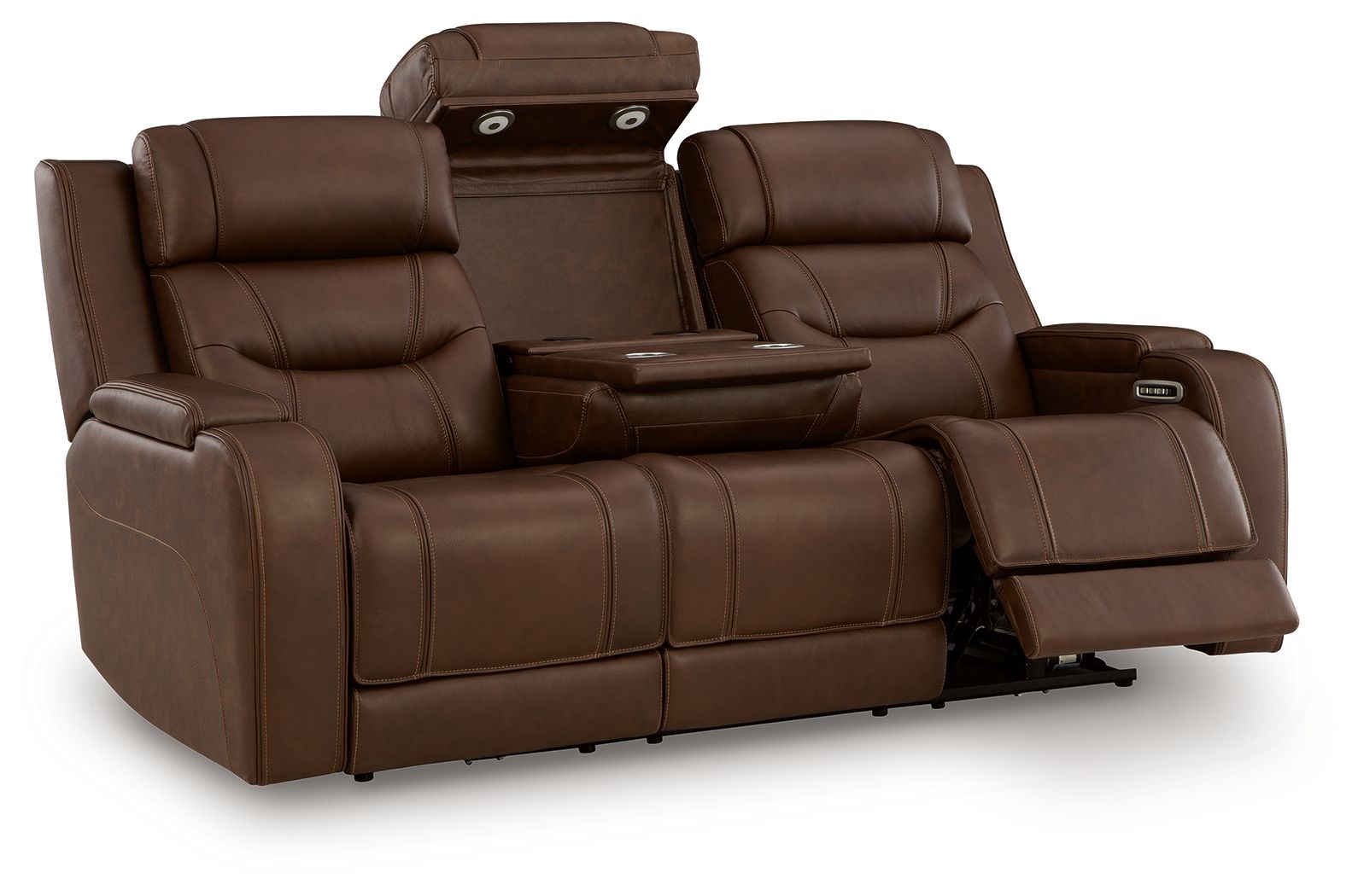 Dark brown power reclining sofa with extended footrest and side control panel
