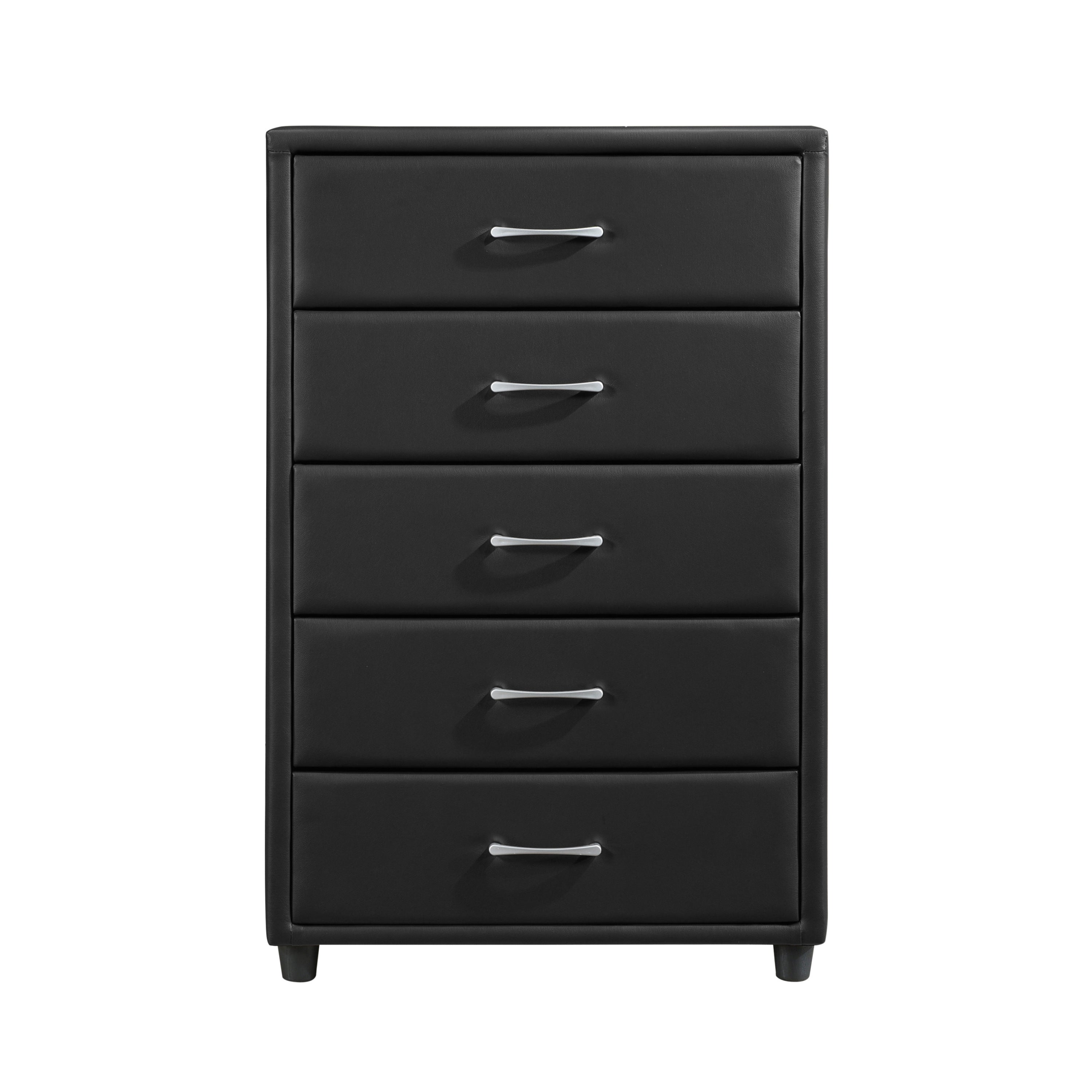 Contemporary Black Faux Leather Chest of Drawers w/ Silver Pulls
