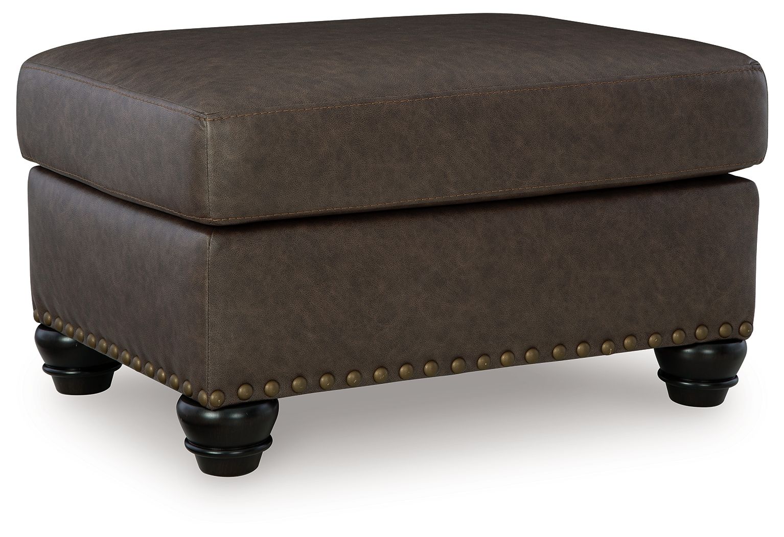 Brown upholstered ottoman with square top, nailhead trim, and turned dark legs