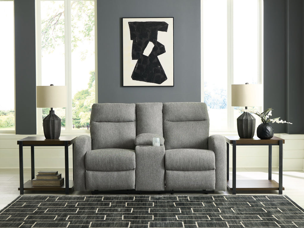 Gray double recline loveseat with padded arms and two recline sections