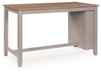 Rectangular dining counter table with natural wood top and gray side cabinet panel