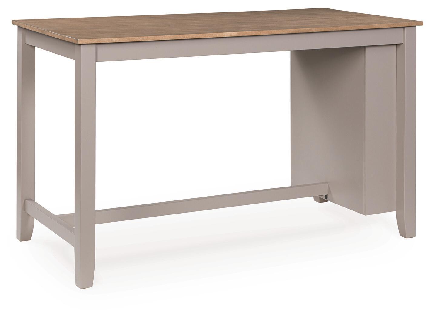Rectangular dining counter table with natural wood top and gray side cabinet panel