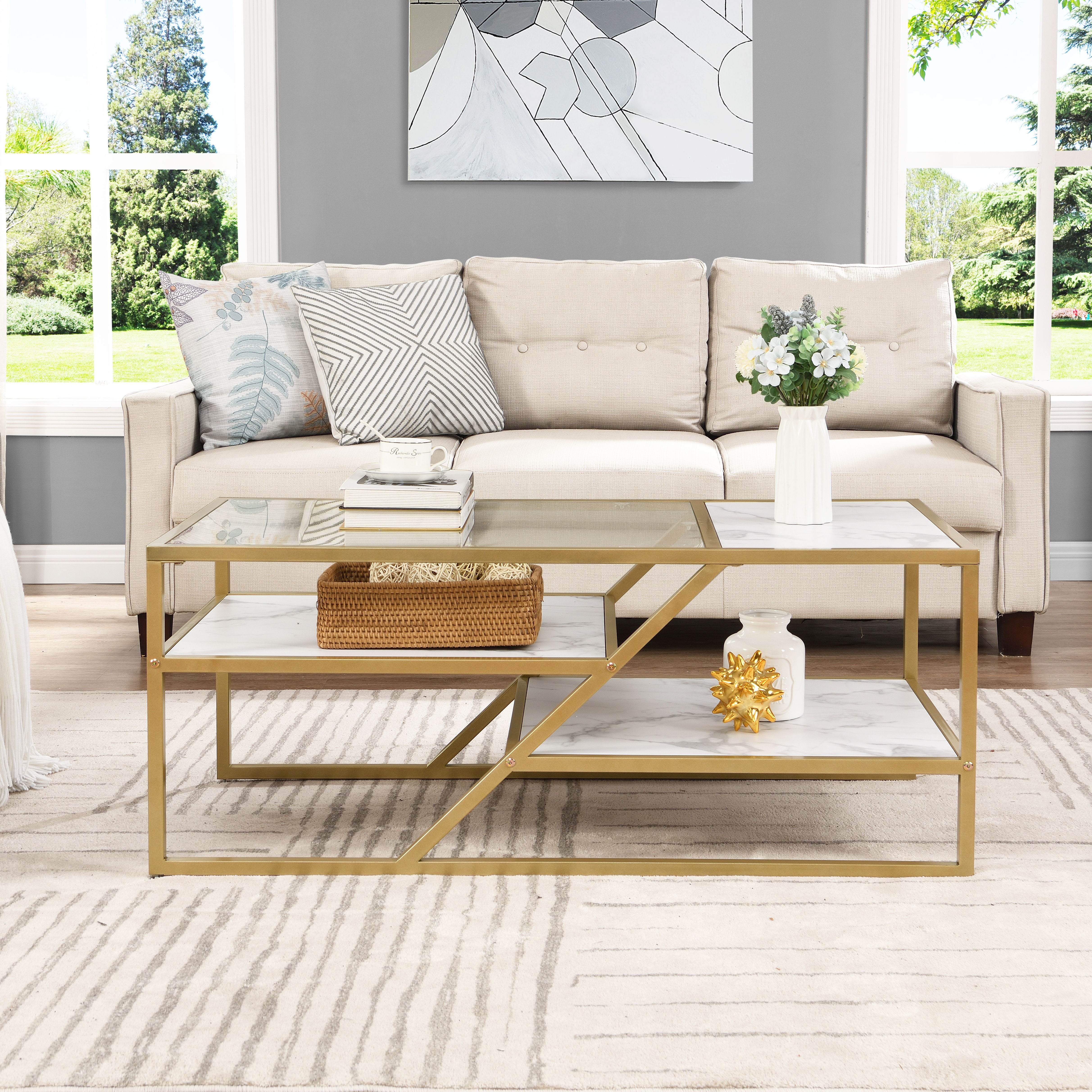 Golden Coffee Table With Storage Shelf, Tempered Glass Coffee Table With Metal Frame For Living Room & Bedroom