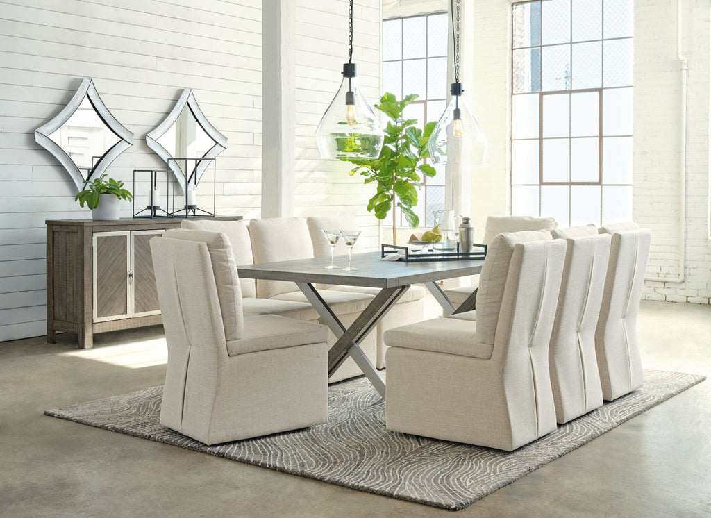 Dining table with oatmeal upholstered chairs and weathered gray base