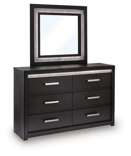 Black six-drawer dresser with square mirror on top and six silver bar drawer handles
