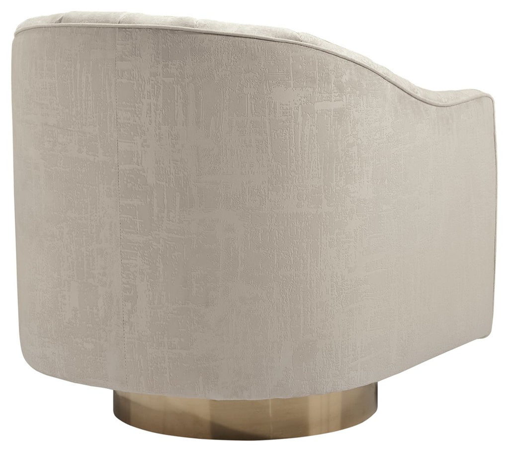 Light pearl upholstered swivel accent chair, rounded back, visible gold circular base