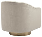 Light pearl upholstered swivel accent chair, rounded back, visible gold circular base
