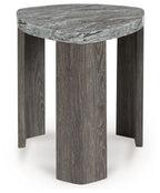 Gray marble-look triangle end table with round top and dark wood legs