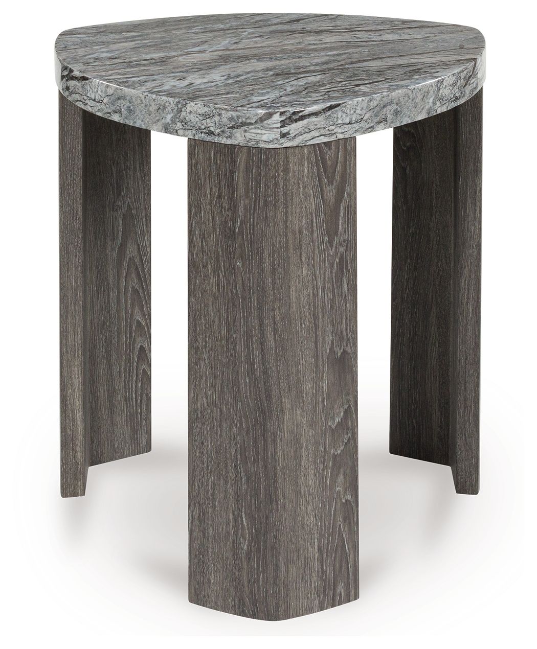 Gray marble-look triangle end table with round top and dark wood legs