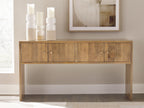 Rich brown wood console table with four drawers and open space below