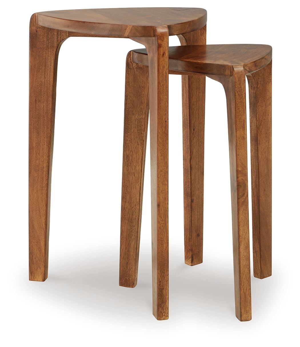 Set of 2 accent tables in medium brown wood, round tops, nested view