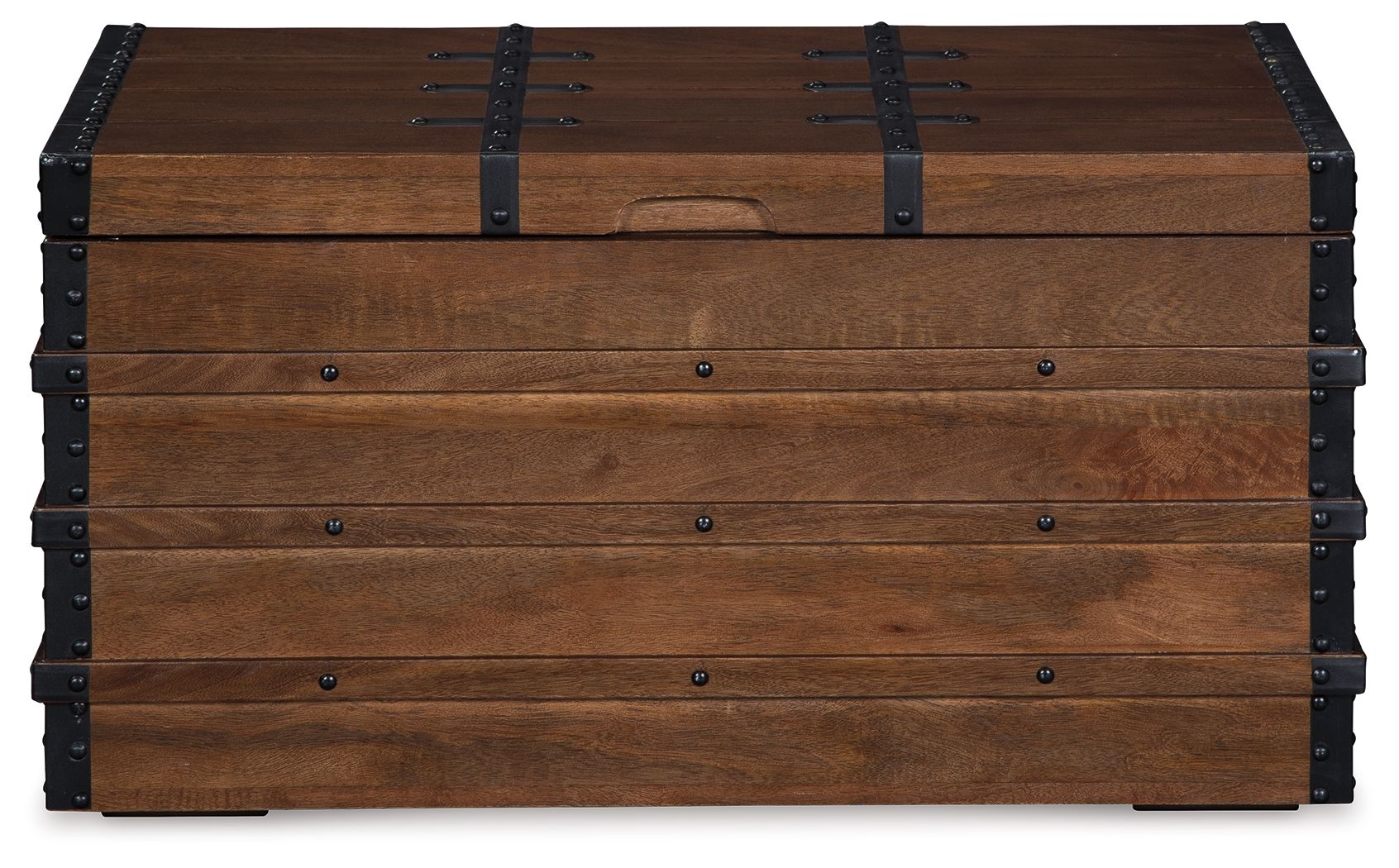 Brown wooden storage trunk top view with black metal corner brackets and strap hinges.