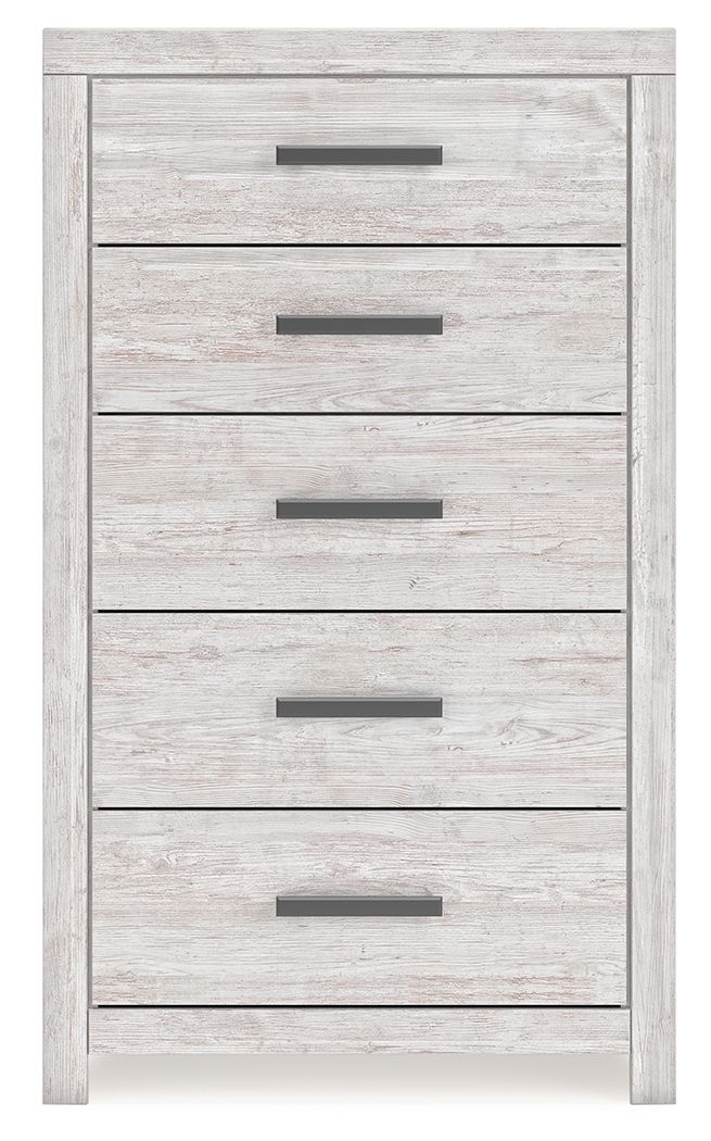 Whitewash five-drawer chest with dark bar handles and light wood-grain drawer fronts