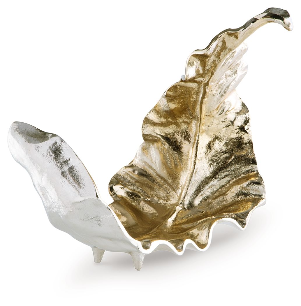 Abstract metal sculpture, gold and silver wavy ridges
