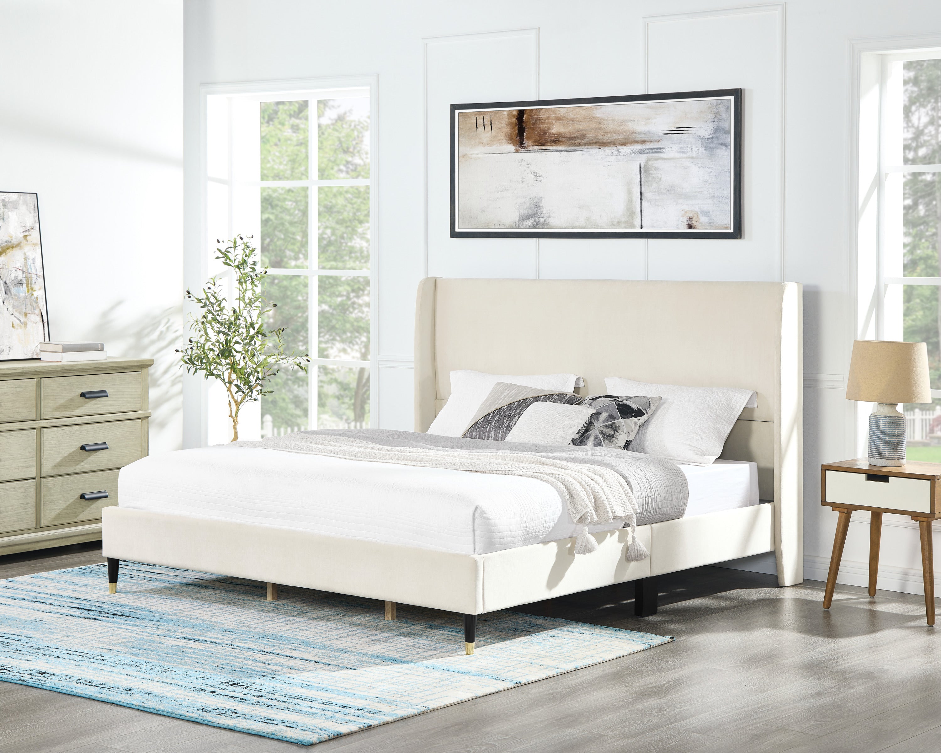 Rozitta Beige Velvet King Wingback Bed