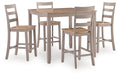 Dining table set with light wood tabletop, five gray dining chairs, square legs