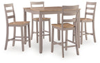 Dining table set with light wood tabletop, five gray dining chairs, square legs