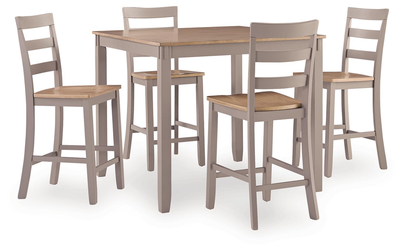 Dining table set with light wood tabletop, five gray dining chairs, square legs