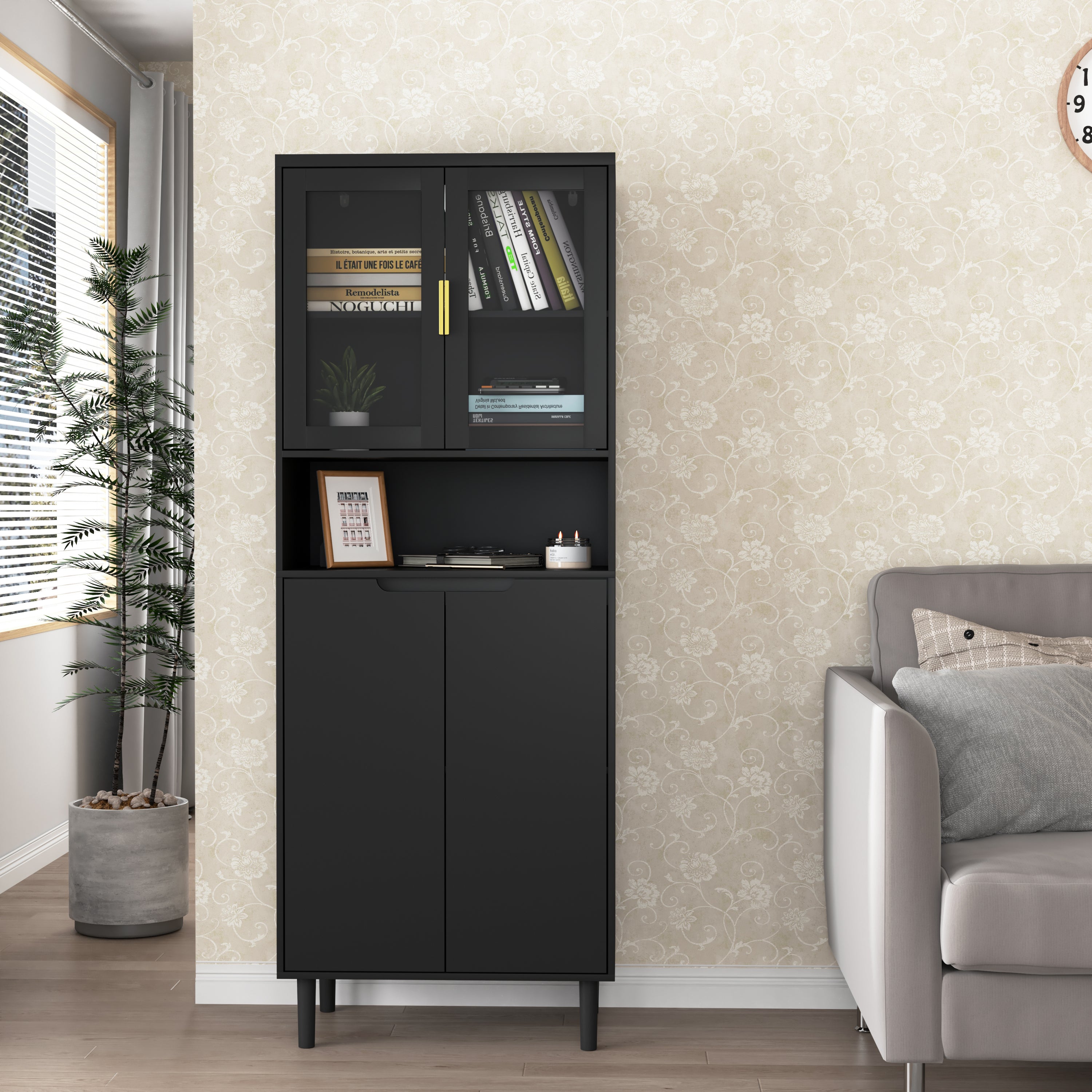 Black 4-Door Tempered Glass Tall Storage Bookcase, Adjustable