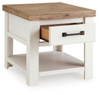 White side table with wood top, one drawer and open shelf, dark bronze bar handle.