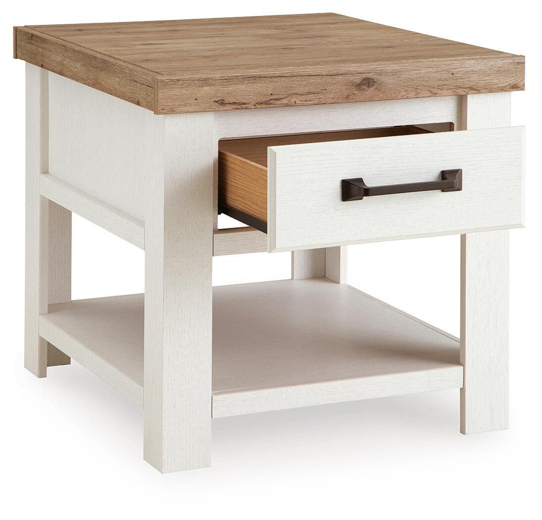 White side table with wood top, one drawer and open shelf, dark bronze bar handle.