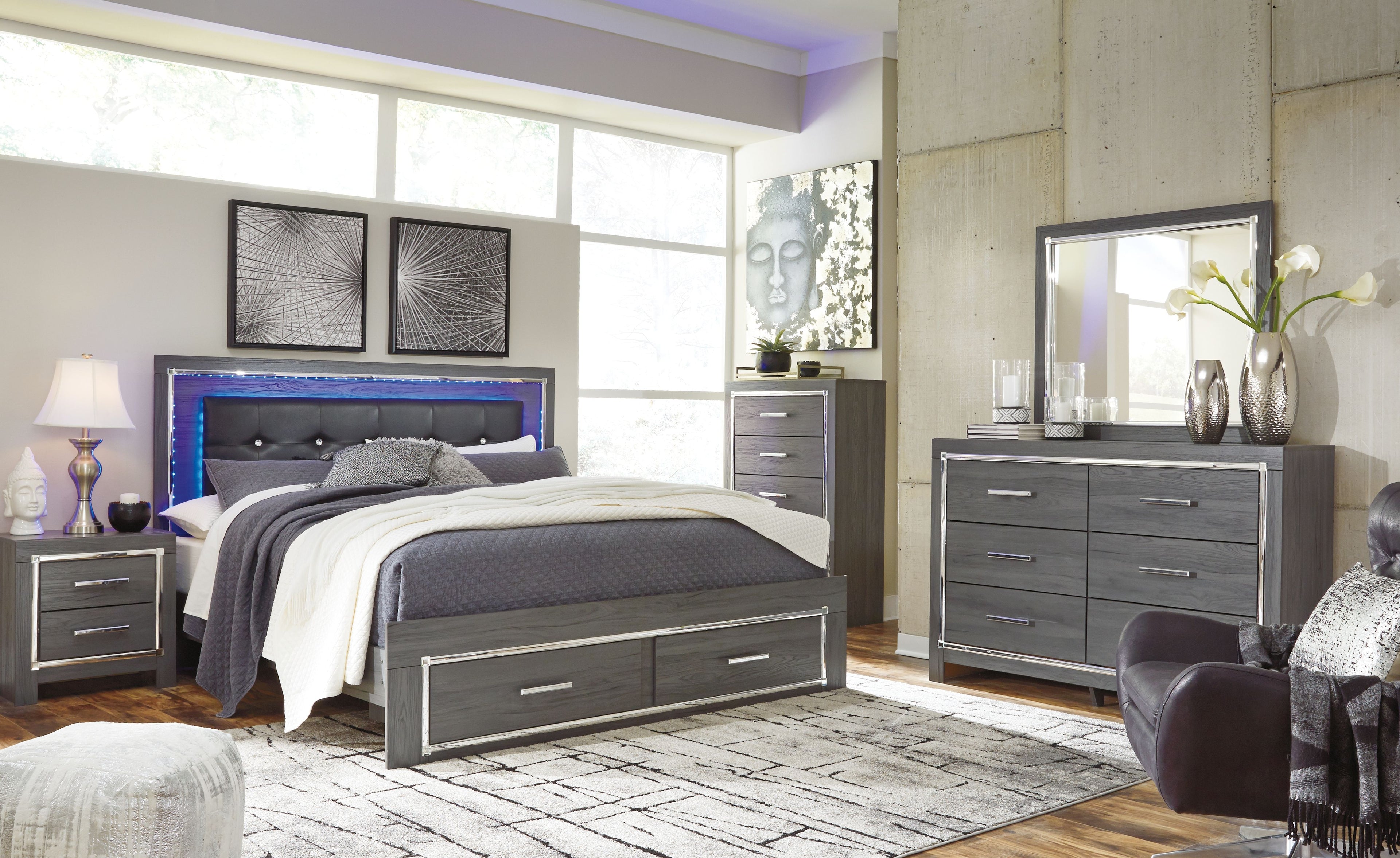Bedroom set with dark gray bed frame and dresser with mirror