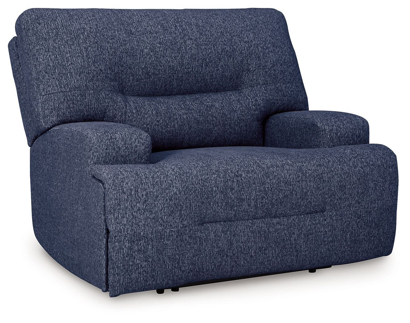 Wide seat power recliner in navy blue, tall backrest and padded arm cushions.