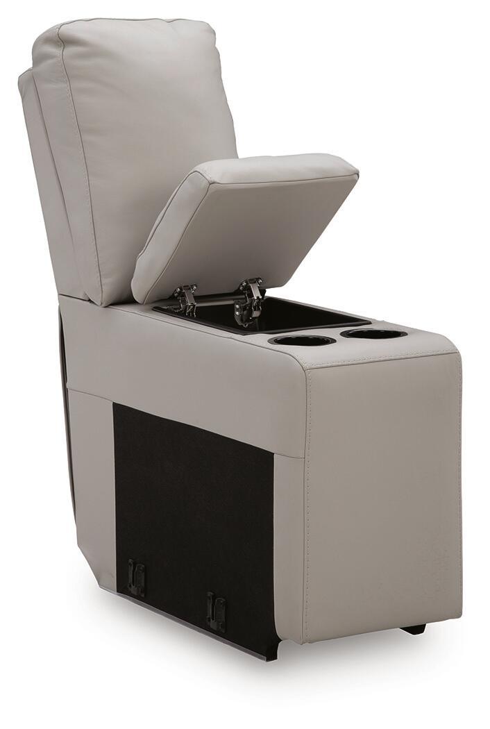 Gray console with storage armchair, open top showing cup holders and hardware