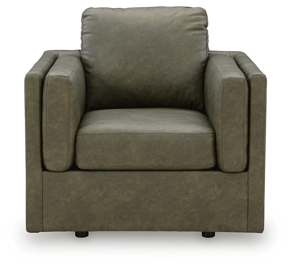 Olive green upholstered accent chair front view with thick back cushion and padded armrests