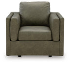 Olive green upholstered accent chair front view with thick back cushion and padded armrests