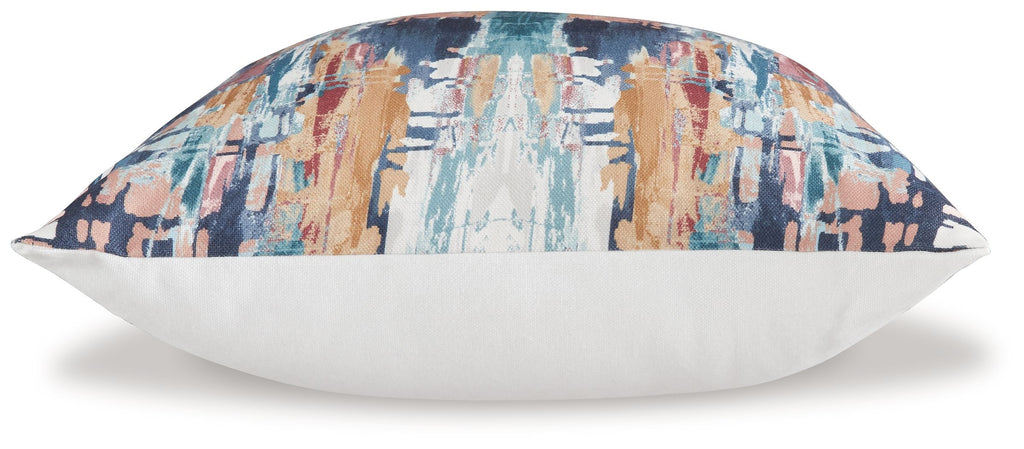 Kennick pillow, blue-and-tan abstract top with white back, square