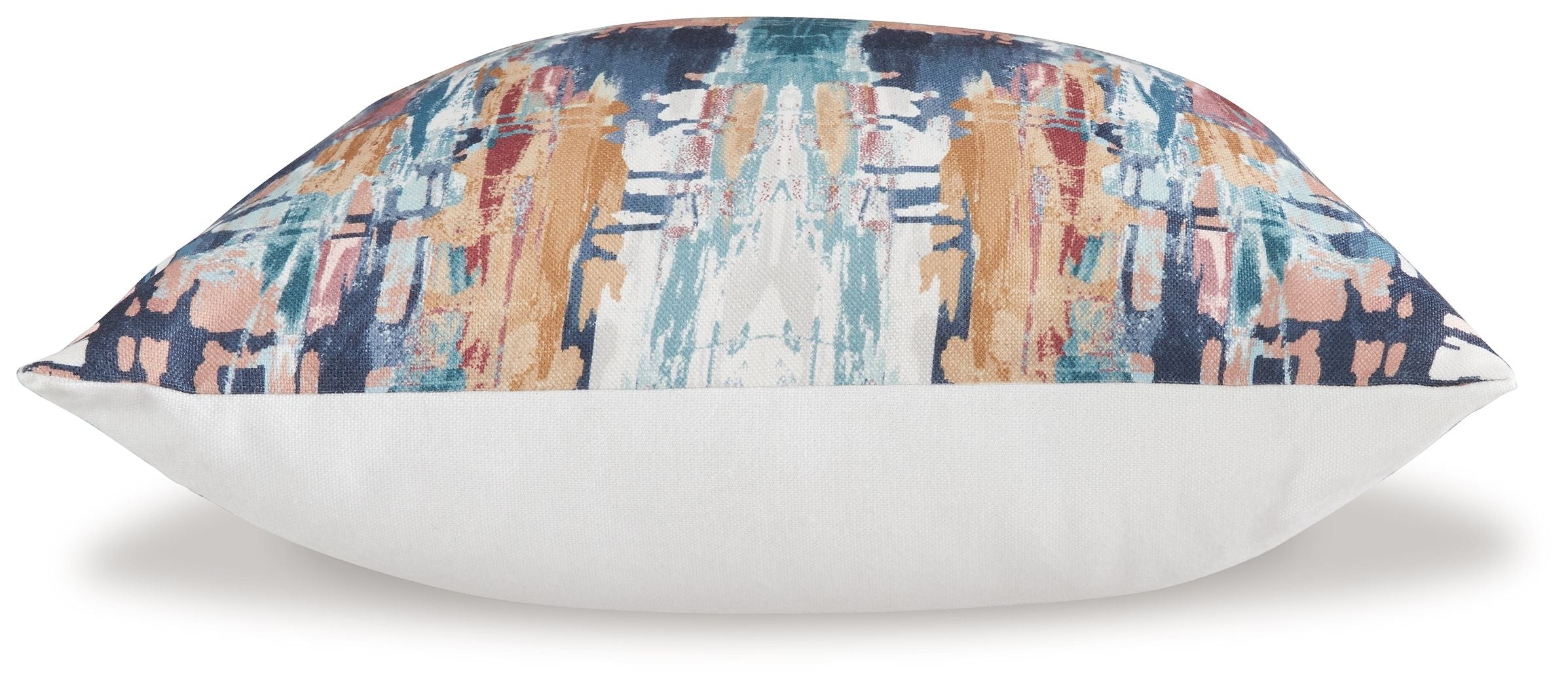 Kennick pillow, blue-and-tan abstract top with white back, square
