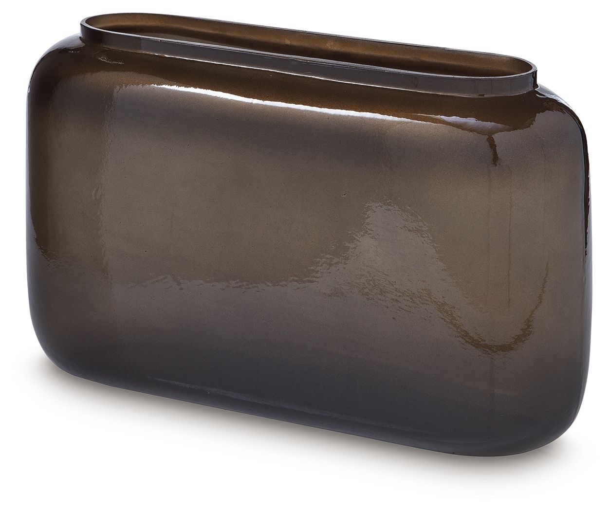 Sumner vase, dark brown glossy glass with wide mouth and smooth rounded shoulders