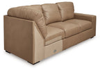 Toffee upholstered sofa with rounded arms and corner wedge base