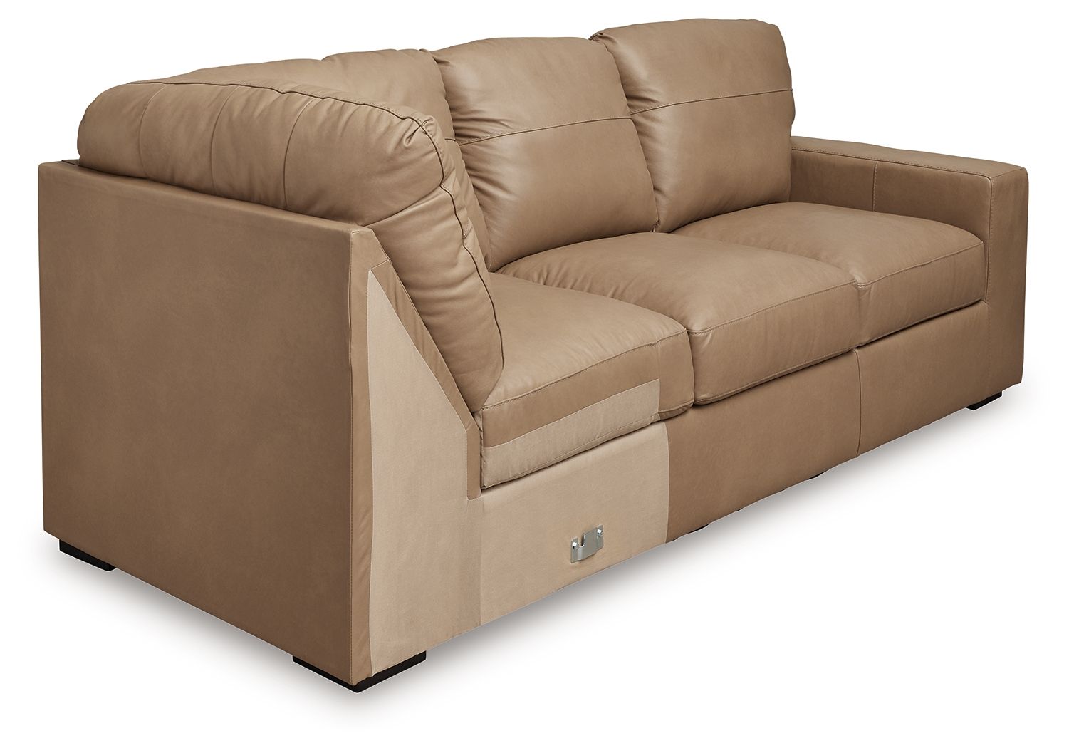 Toffee upholstered sofa with rounded arms and corner wedge base