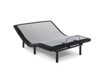 Black adjustable bed base with head and foot lift, fabric-covered platform