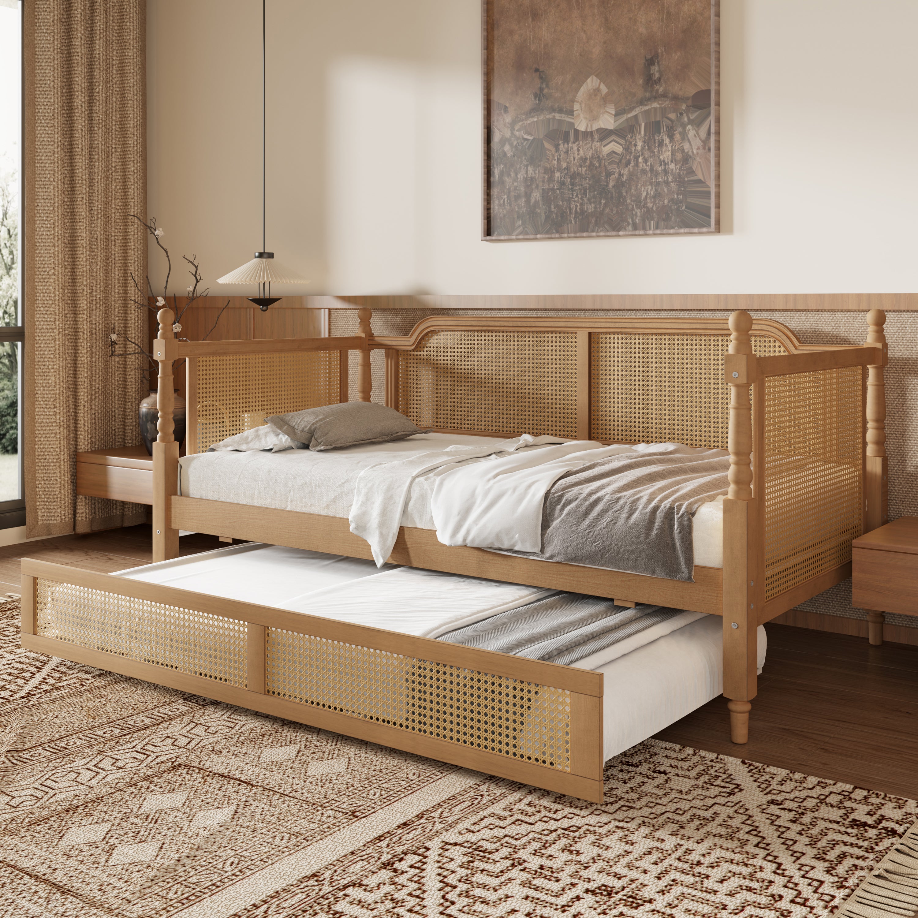 Rattan Daybed w/ Trundle - Antique Walnut (Full Size)