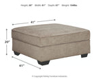 Stone beige storage ottoman with hinged lid and black legs with dimensions