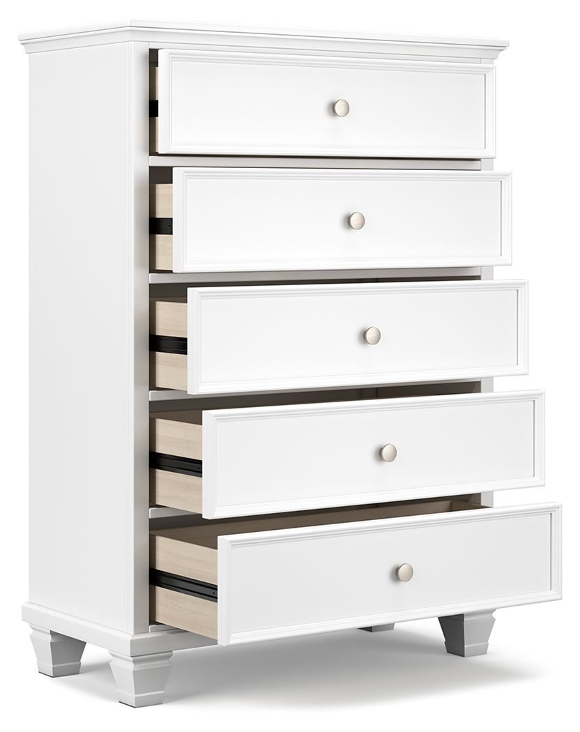 White five-drawer chest, side view with drawers pulled out to show interior.