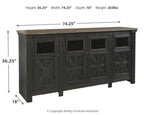 TV stand with X-panel doors, dark finish, and top dimensions 74.25 in W