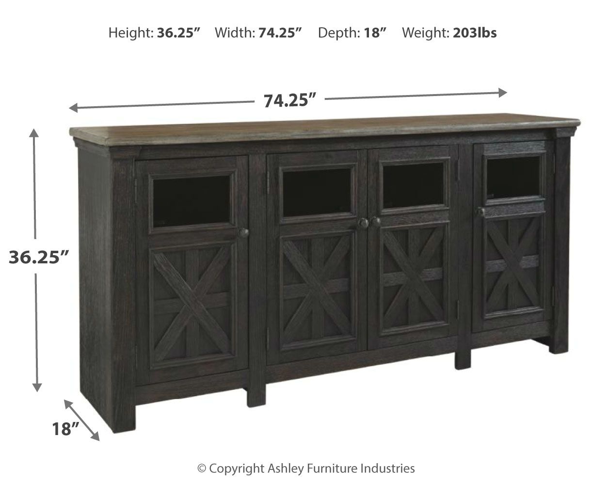 TV stand with X-panel doors, dark finish, and top dimensions 74.25 in W