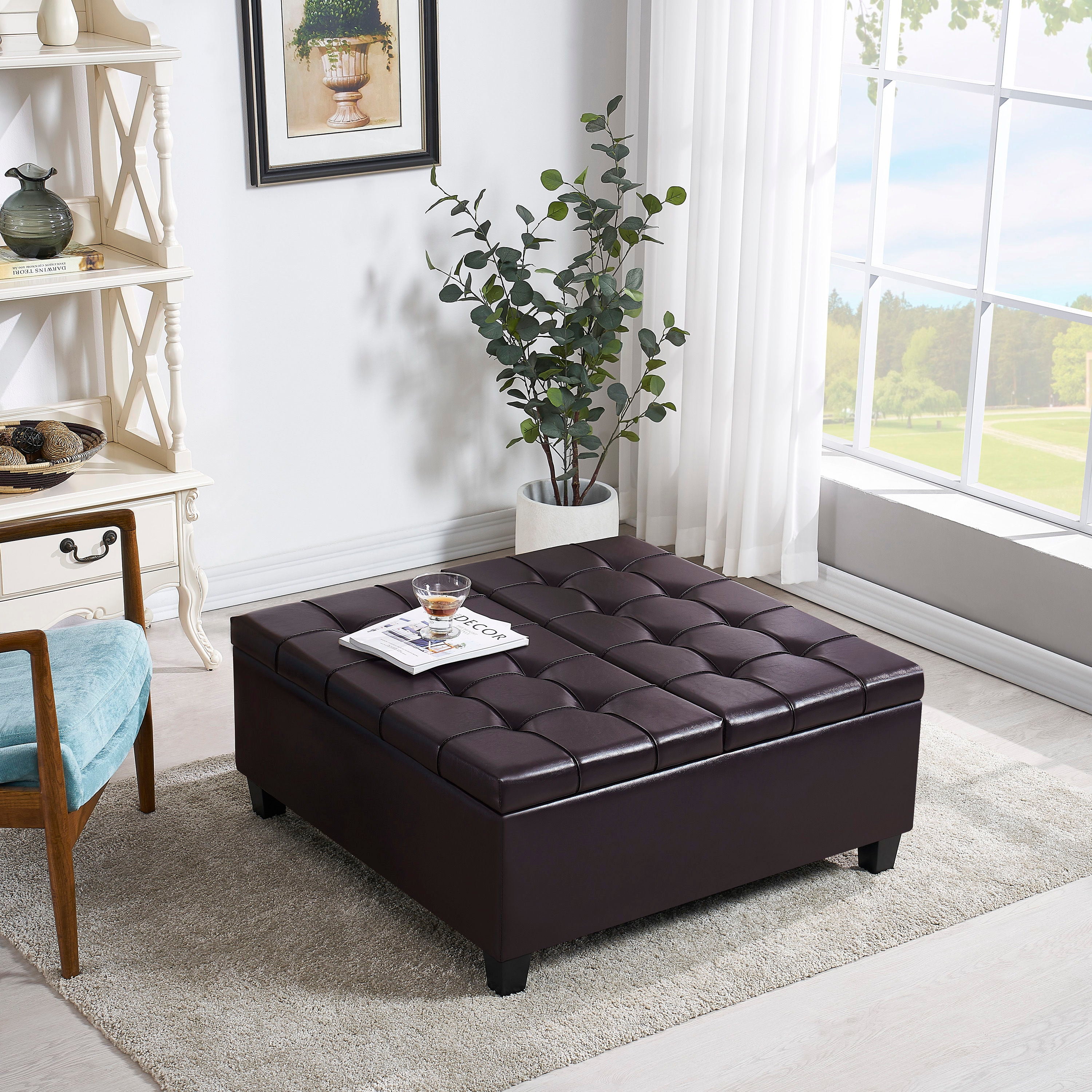 Large Square Faux Leather Storage Ottoman Coffee Table For & Bedroom (Dark Brown)