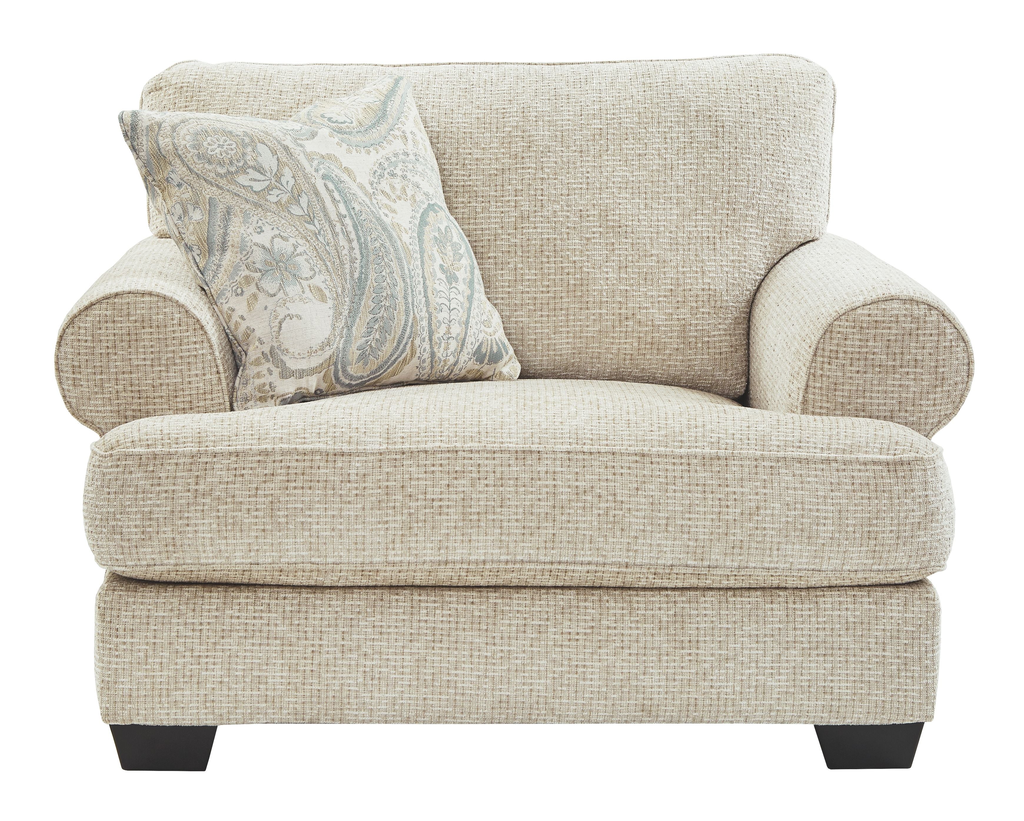 Sandstone chair and a half with rolled arms, light textured upholstery and patterned accent pillow