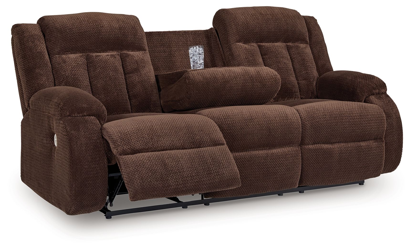 Chocolate brown reclining power sofa with padded arms and tufted back cushions