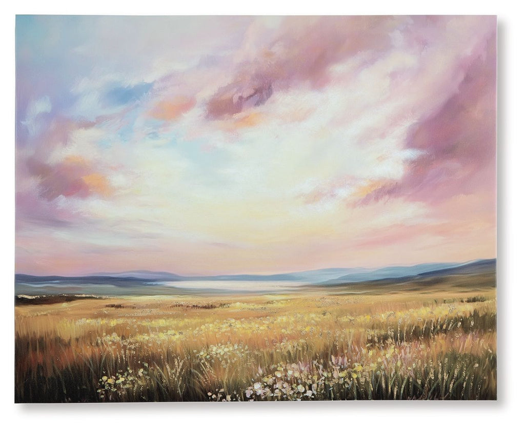 Landscape wall art with pastel sky, golden field grass, and distant hills