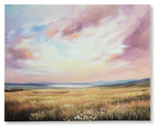 Landscape wall art with pastel sky, golden field grass, and distant hills