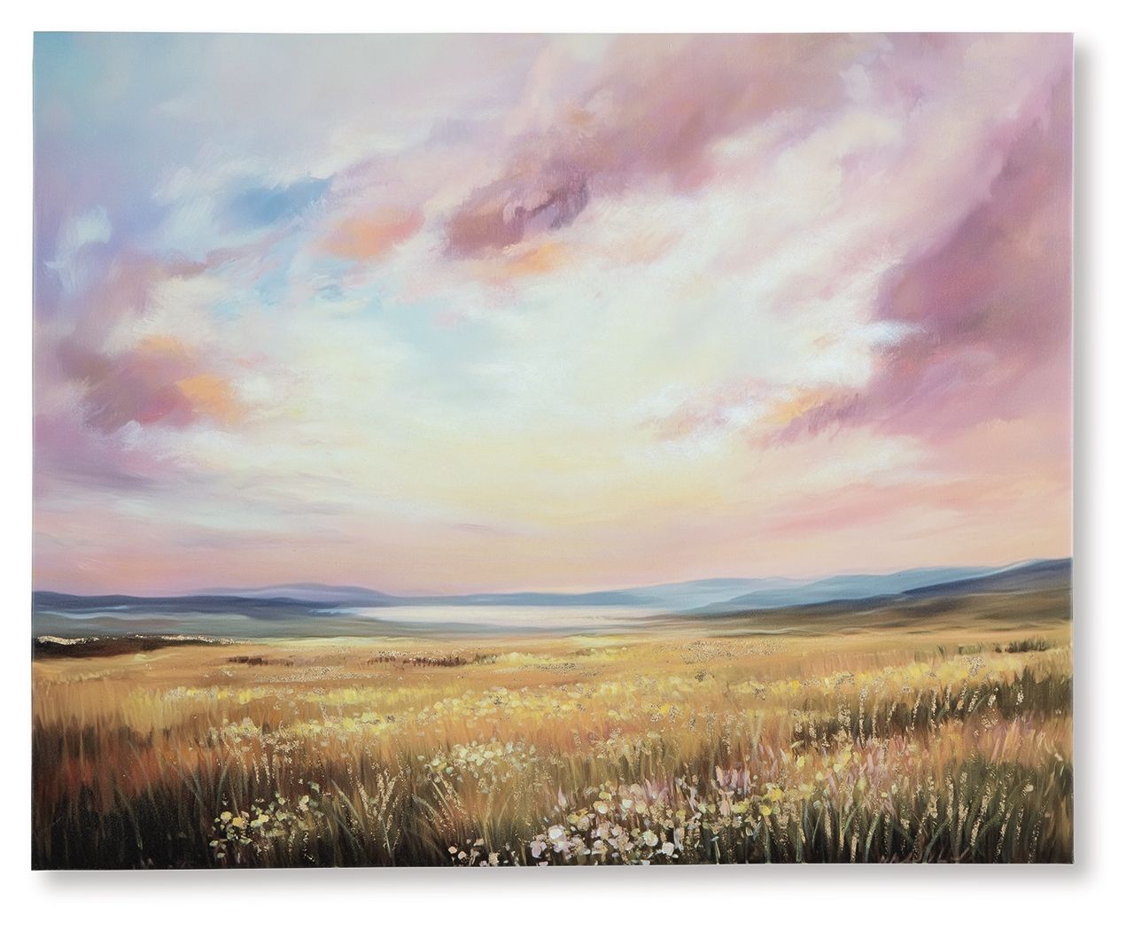 Landscape wall art with pastel sky, golden field grass, and distant hills