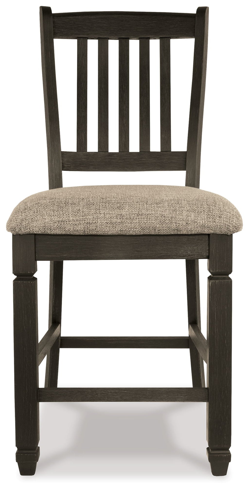 Two-tone barstool with vertical slatted back and padded light-gray seat, dark frame