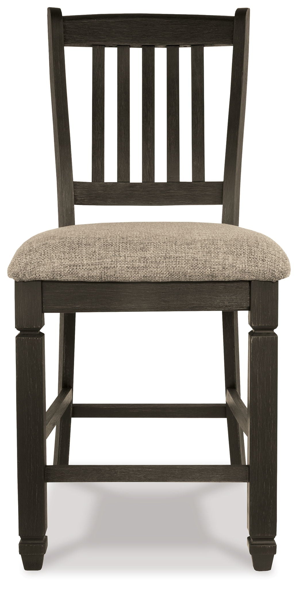 Two-tone barstool with vertical slatted back and padded light-gray seat, dark frame
