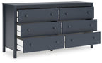 Multi-drawer dresser console in dark blue with round metal knobs